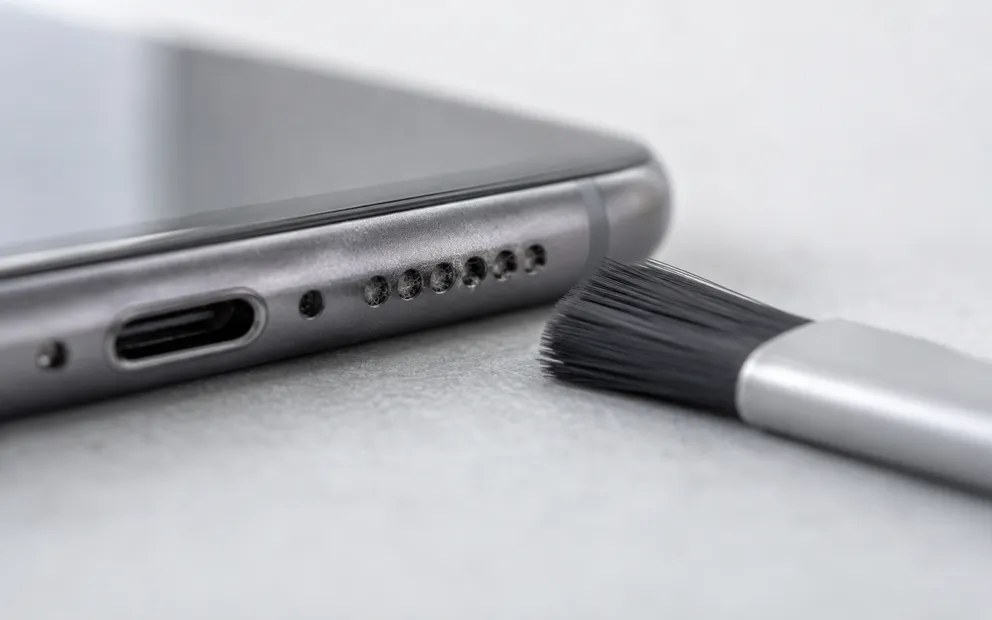 Close-up of an iPhone's bottom speaker grille alongside the iOS volume slider at maximum